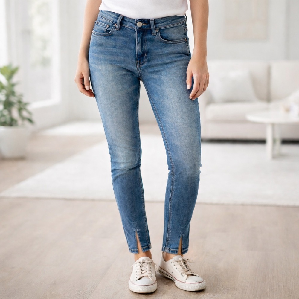 Boyish Light Blue Ankle Split Hem Skinny Jeans Denim Boho Casual SIZE 24